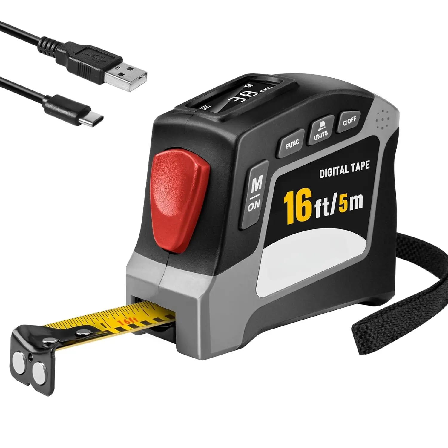 2-in-1 Digital Tape Measure - 16Ft Rechargeable Digital Measuring Tape Ruler Ft/Ft+in/in/M/CM/MM Unit, Metric & Inches Retractable Measurement Tape Tools, Auto Lock, Pythagorean, Area, Volume