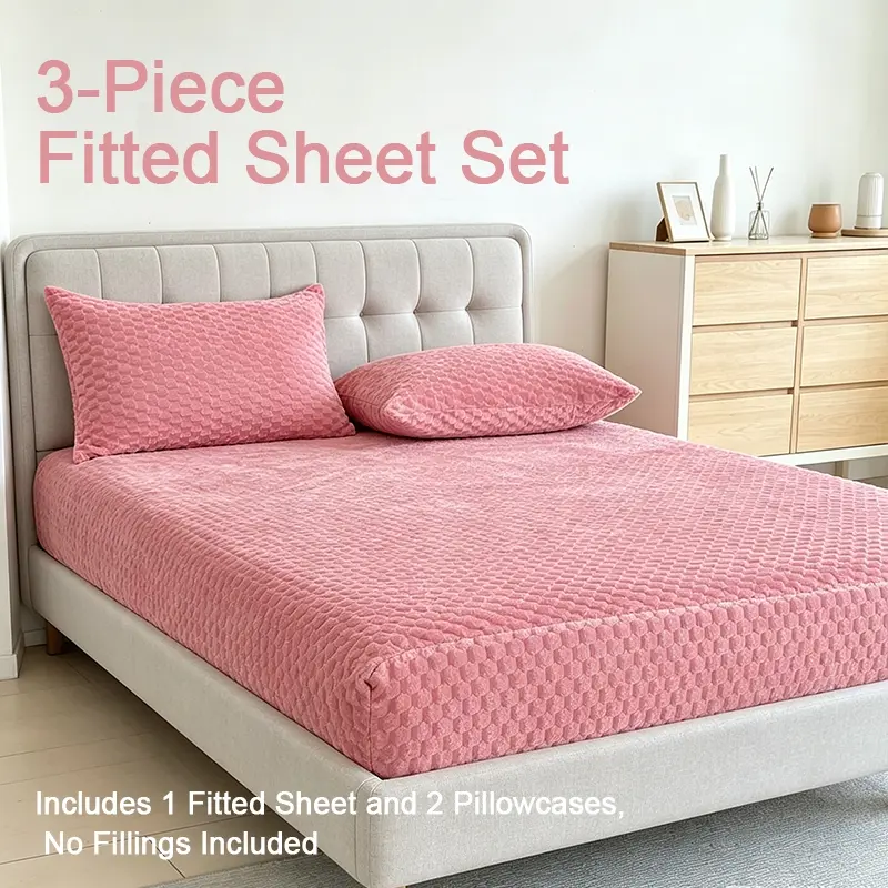 Soft Raised Grid Jacquard Plush 3-Piece Bed Sheet Set, Warm Gentle Winter Fitted Sheet Kit, Full Elastic Anti-Slip Mattress Cover, Machine Washable Comfort Bedding For All Standard Mattress Sizes