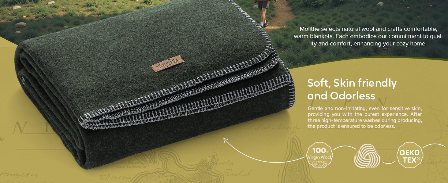 100% Wool Blanket, 62" x 86", Warm, Thick, Washable, Military Wool Blanket, Great for Camping, Outdoors, Sporting Events, Kits
