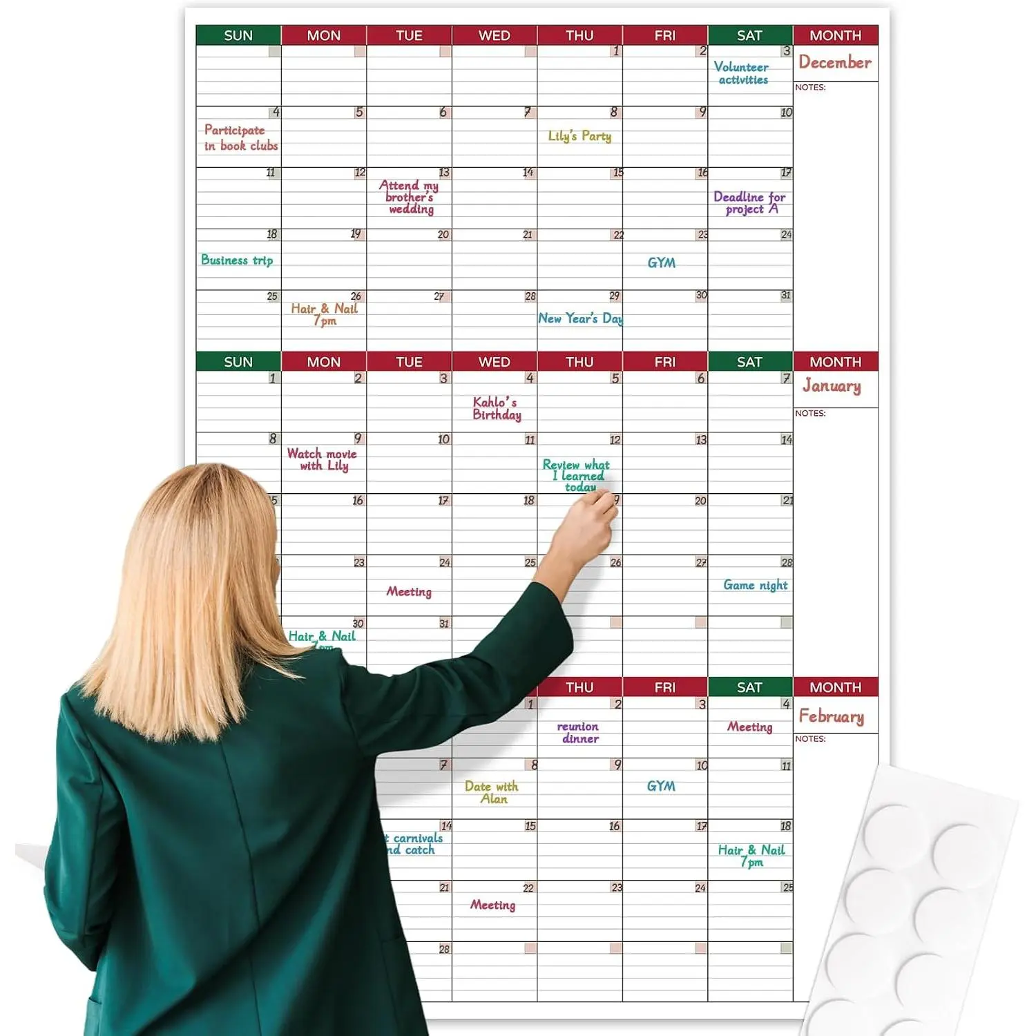 Dry Erase Calendar for Wall - Dry Erase Calendar, 28'' x 40'', White Board Calendar Dry Erase with 10 Round Stickers, Vertical Layout for /School/Office
