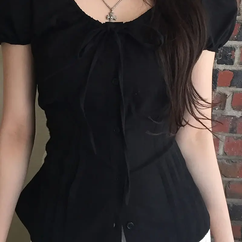 Sweet Pure Desire Ruffled Slim Fit Shirt Blouse for Women, Tie Front Single Button Accordion Pleats Button Front Frill Summer Short Sleeve Top Blouses Shirts Tops Casual Button Up Blouse Shirts Womenswear