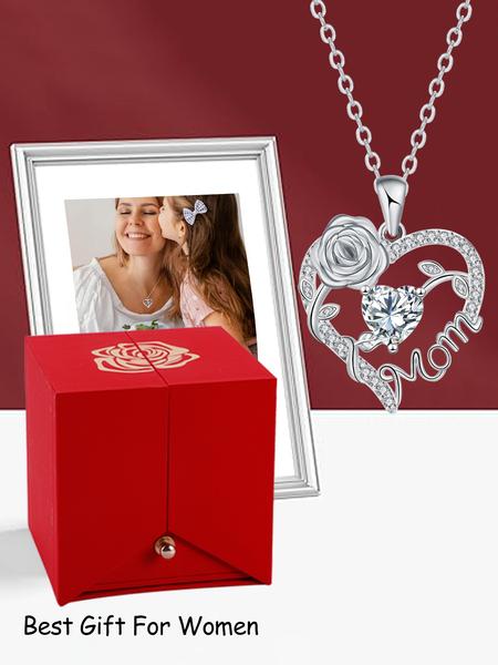 Rose Jewelry Gift Box With Heart Rose Mom Pendant Necklace, High End Necklace for Mama Grandma, Perfect for Mother's Day Gift Christmas Gift