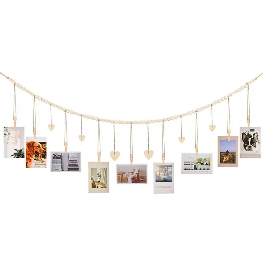 Boho Macrame Wall Hanging Photo Display with Wood Beads and Multiple Clips, Picture Organizer for Dorm Room Decor, Bohemian, Macramé Look, Bedroom Decor, Jute Rope, Heart Shapes, College Dorm Decor