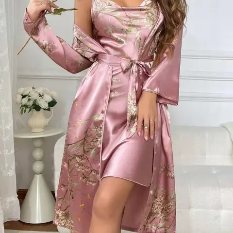 @Shopwithjulie Collection 2 Piece Set, Womenswear, Women's Lady Fitted Casual Floral Print Pyjama Set, Cowl Neck Cami & Belted Pj Robe, Fall Outfits, Women Sleepwear Loungewear Set, Long Sleeve, Style, Sleepwear Homewear Clothes, Loungewear Nightwear