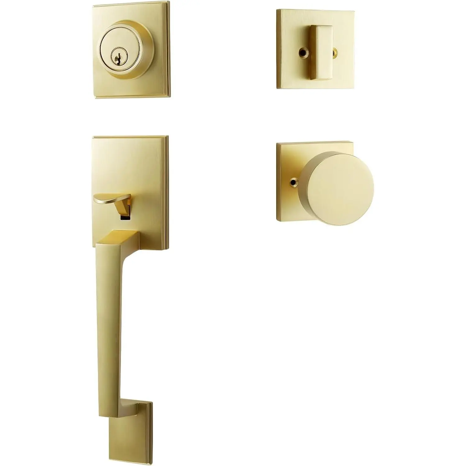 Modern Front Door Handle Satin Brass Entry Door Lock with 3 Keys Single Cylinder Deadbolt Exterior Door Knob Set Reversible for Left and Right Hand