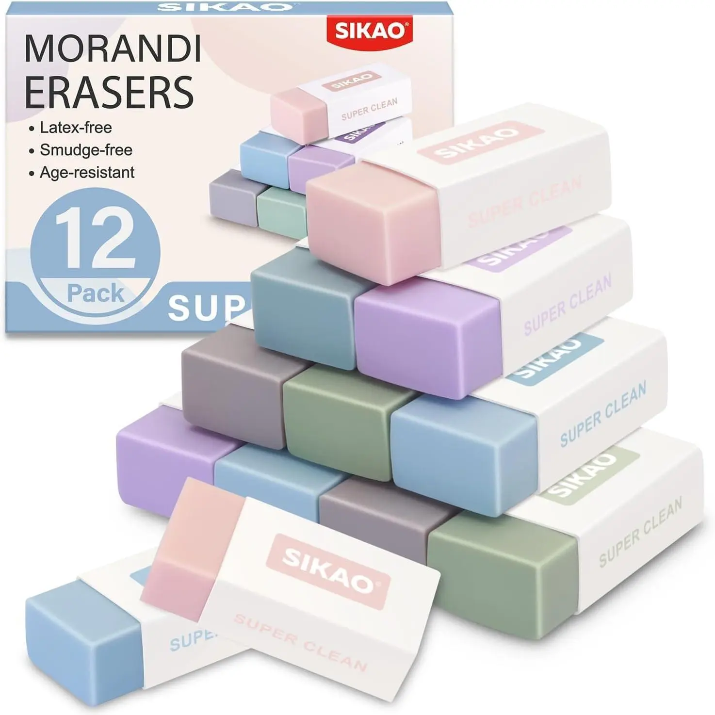 Morandi Erasers, 12 Pack Aesthetic Block Pencil Erasers | Soft Neutral Colors, Smudge-Free Latex-Free Erasers for School, Office, Journaling & Drawing