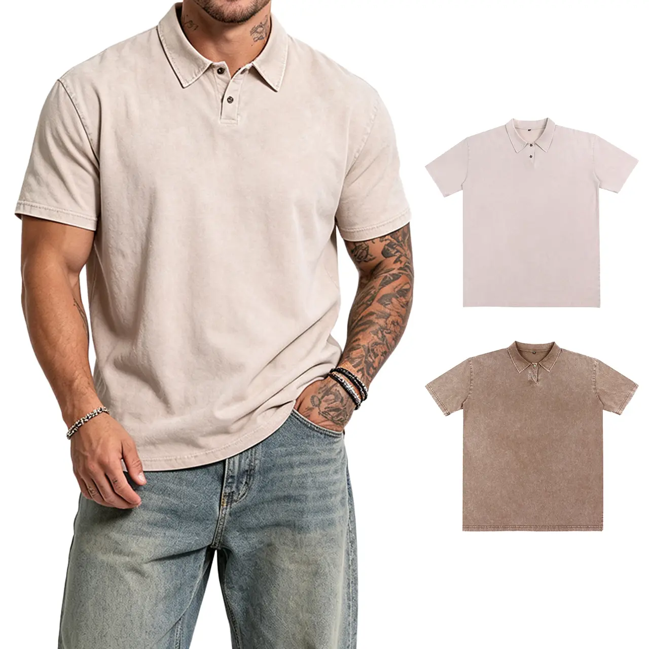 1/2 Pack Men's Vintage Washed Polo Short-Sleeve Tee in Solid Color Options, Featuring a Relaxed Silhouette and Subtle Faded Effect, Perfect for Summer Streetwear, Daily Commuting, and Casual Weekend Wear.