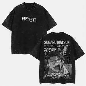 Vintage Washed Re:Zero Natsuki Subaru Graphic T-Shirt, Oversized Soft Cotton Crewneck Tee, Trendy Anime Streetwear Loose Fit Top, Casual Daily Cosplay Outfit, Perfect Otaku Fan Gift For Men Women