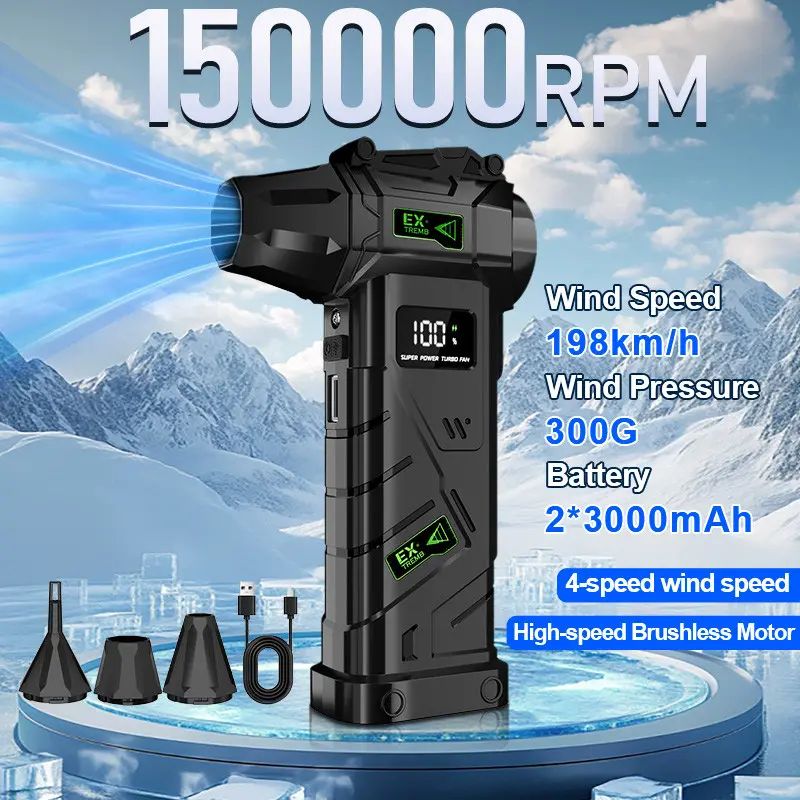 150000RPM Turbo Jet Blower, Cordless Handheld Blower, Smart LED Display 200W Brushless Motor Air Duster with 6000mAh Rechargeable Battery, 300G Wind Pressure & 198km/h Air Speed, 0-100 Variable Speed Control for Car Cleaning, Camping & Fire Starter