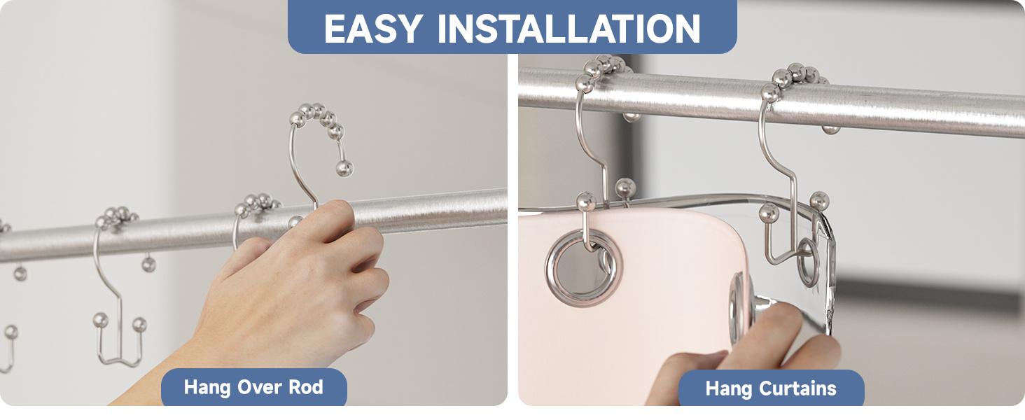 Shower Curtain Hooks Rings, Rust Resistant Metal Double Glide Shower Hooks Rings for Bathroom Shower Rods Curtains, Set of 12 Hooks - Nickel