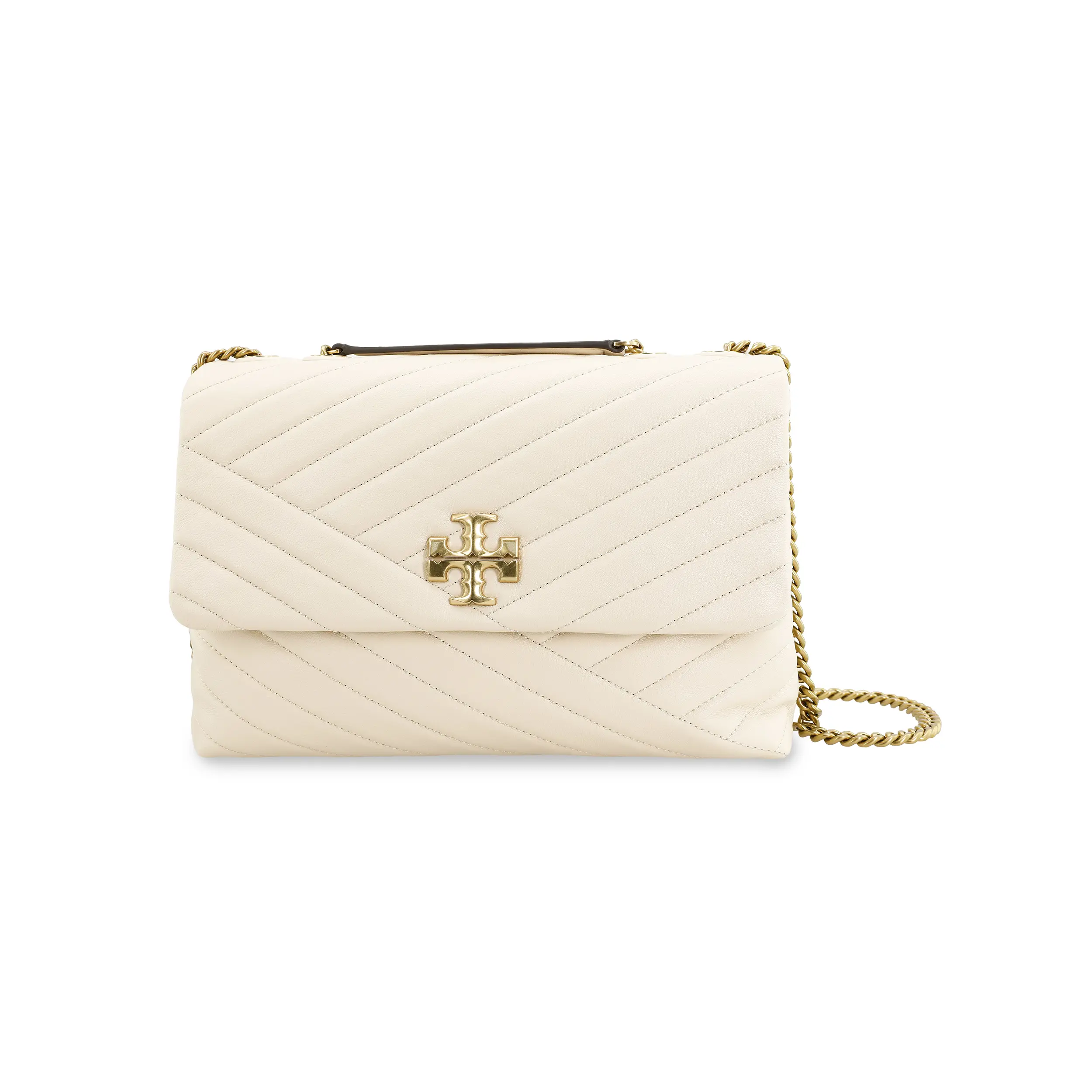 Tory Burch Kira Dual-Use Crossbody Bag for Women, Herringbone Quilted Leather with Chain Strap, Cream White