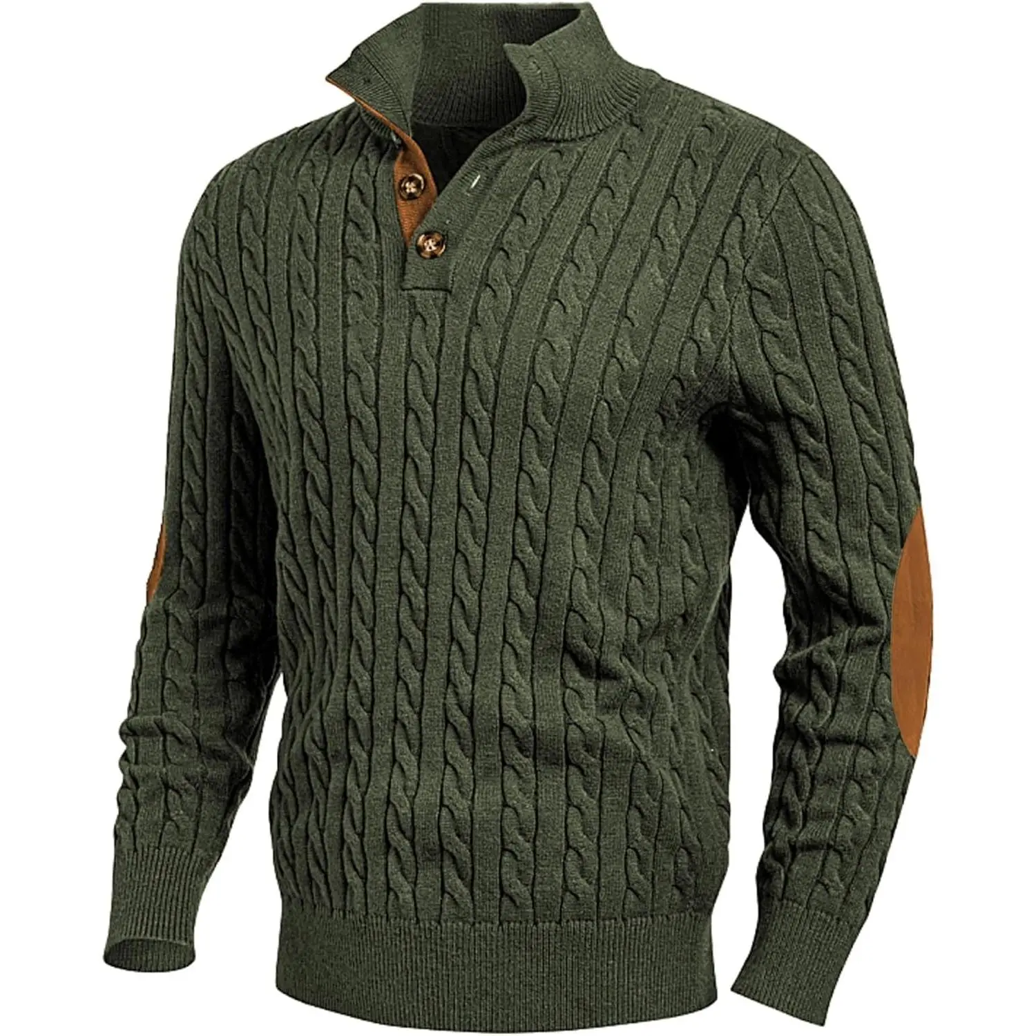 Men's Casual Long Sleeve Cable Knit Pullover Sweater | Classic Cable Knit Texture, Button Henley Collar, Elbow Patches, Regular Fit Layering, Casual Dressy Fall Winter Clothes