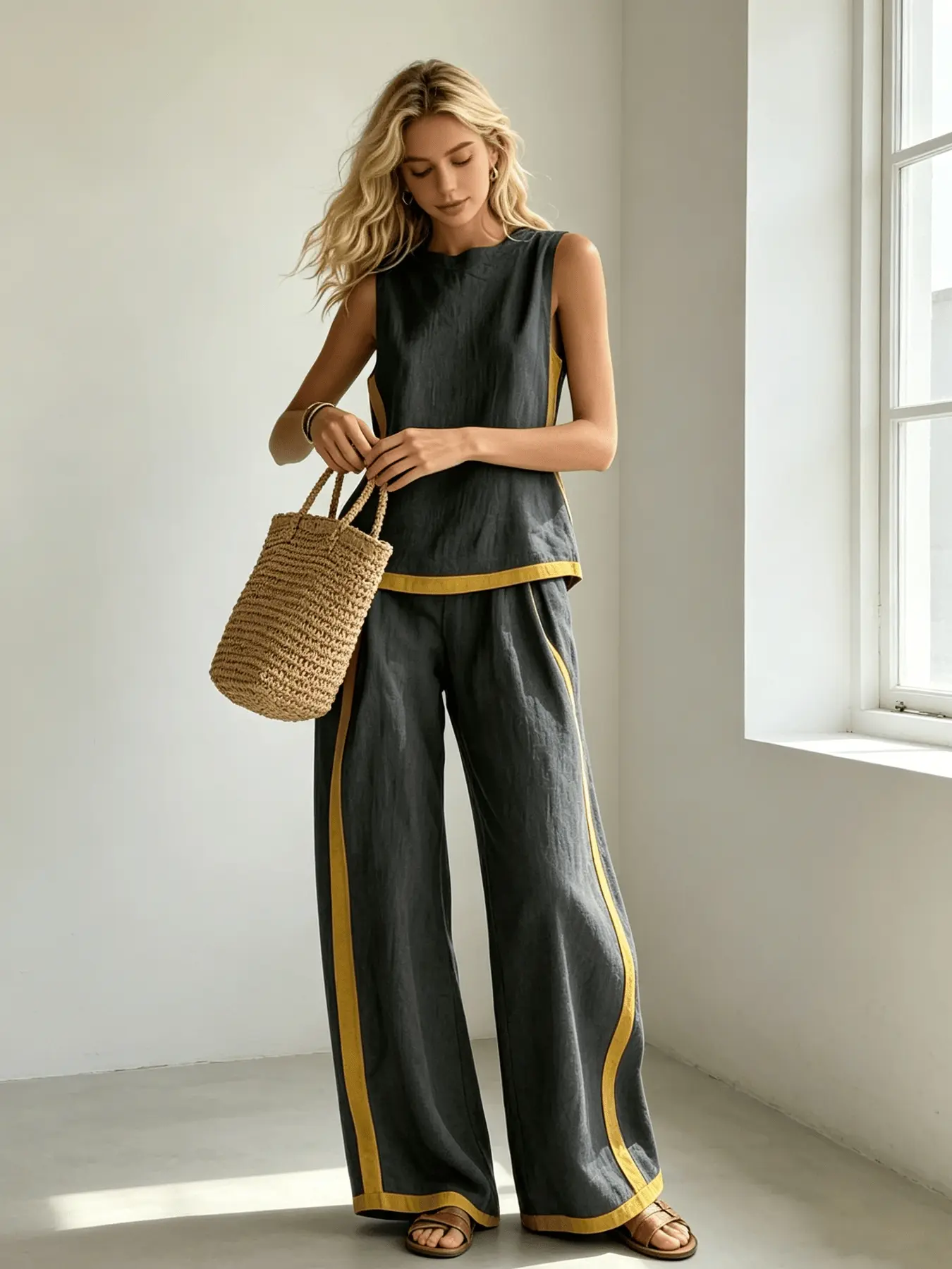 A two-piece women's resort-style pure color set, Clothes, including a sleeveless top and a draped, loose-fitting wide-leg pants, perfect for summer, afternoon tea, girlfriends' gatherings, summer beach vacations