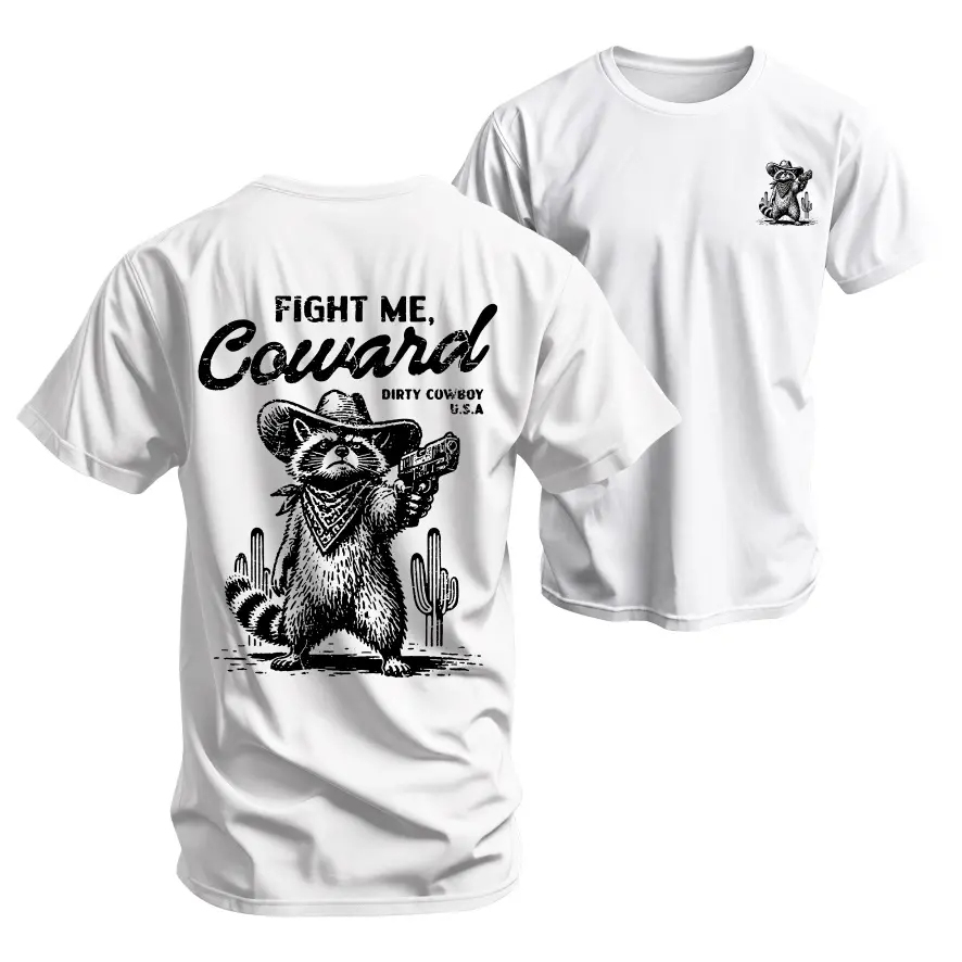 Unisex 'Fight Me Coward' Racoon Graphic T-shirt, Retro Streetwear 100% Cotton Top with a Relaxed Fit and Short Sleeves, Round Neck, Loose, Menswear, Breathable, Graphic Print, Unisex Sizes, Shortsleeve, Casual, Fabric, Tshirt