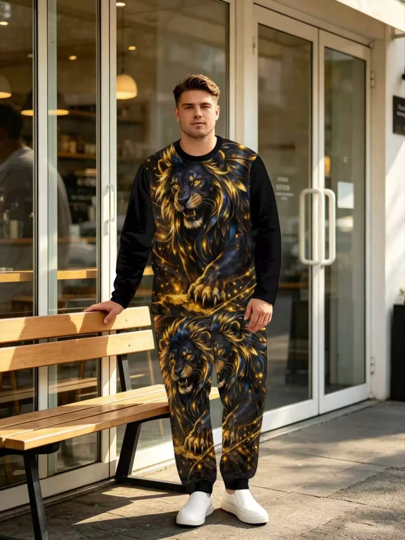 Men's American Style Starry Gold Lion Beast Art Full Print Two-Piece Set, Round Neck Long Sleeve Ankle Pants Casual Suit