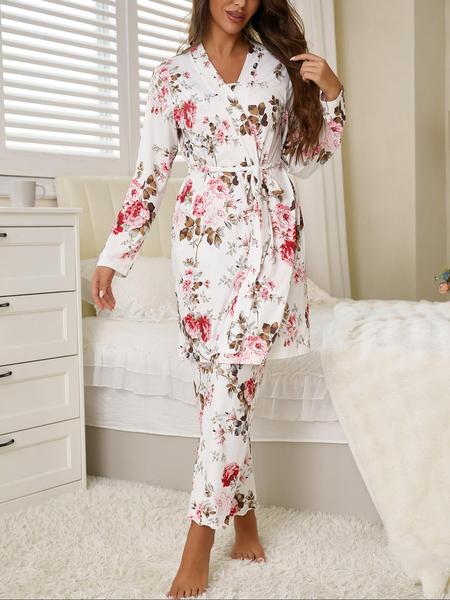 Women's All Over Floral Print Pajama Set, Long Sleeve Open Front Outwear & Pants & Cami Top, Casual Comfy Sleepwear Set Loungewear for Women