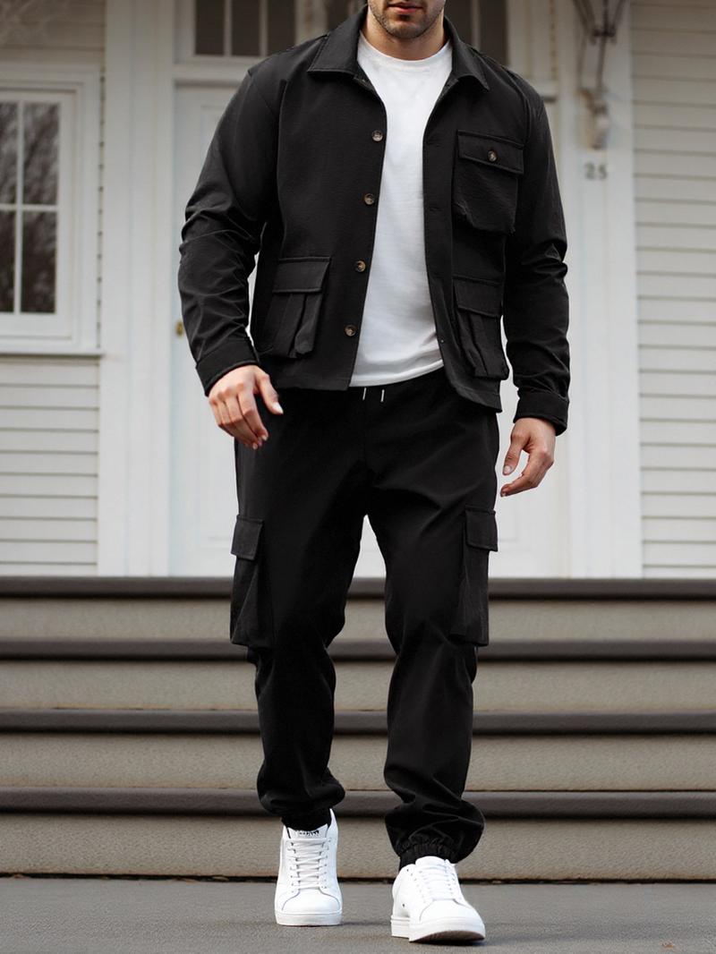 Men's Solid Color Pocket Button Front Jackets & Pants Two-Piece Set, Casual Long Sleeve Collar Top & Trousers Set, Men's Spring & Fall Clothes Men's Solid Color Pocket Button Front Jackets & Pants Two-Piece Set, Casual Long Sleeve Collar Top & Trousers Set, Men's Spring & Fall Clothes