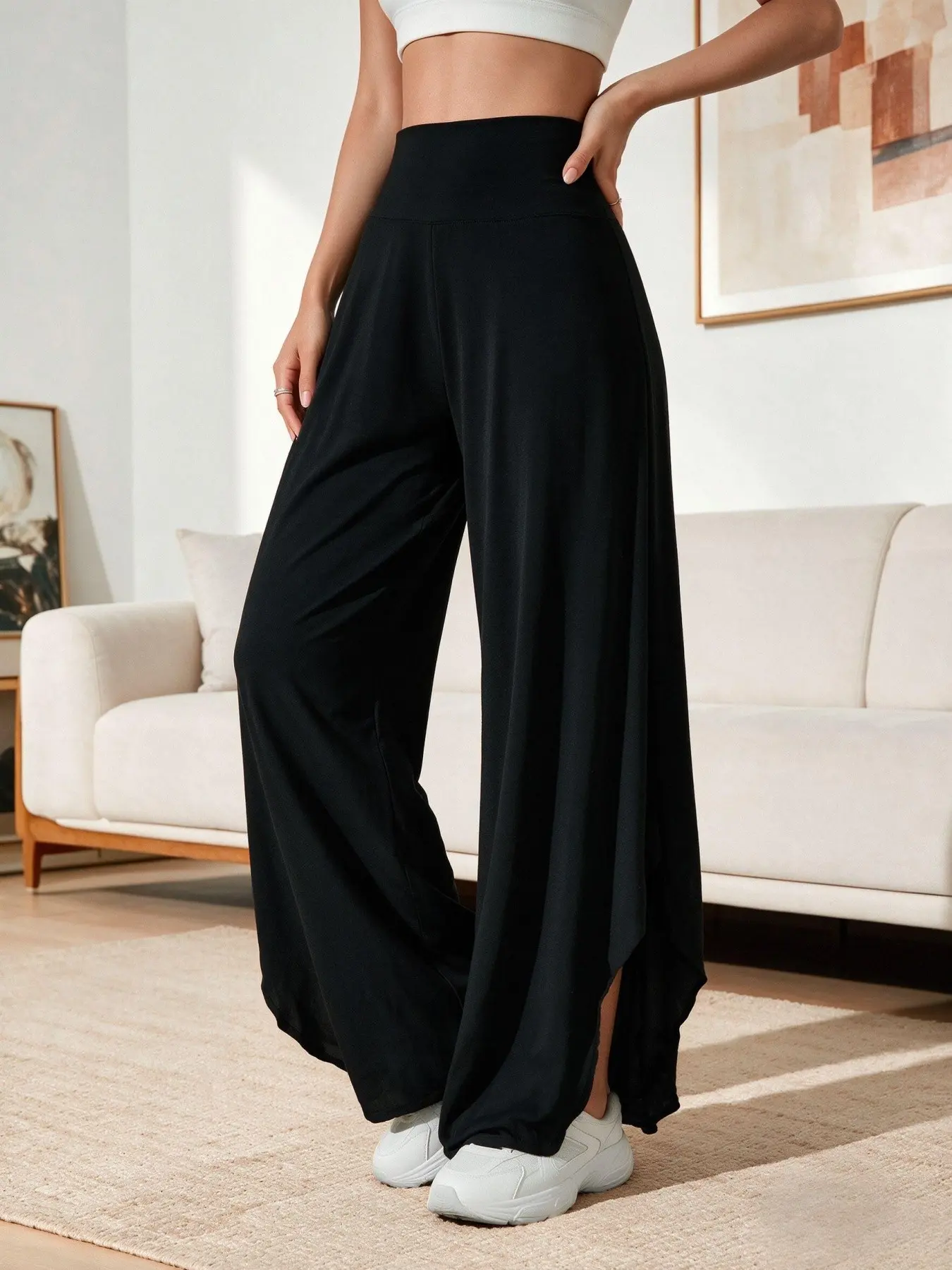 High-Waisted Modal Side Slit Wide Leg Pants for Women, Four-Season Versatile Flowy Asymmetrical Skirt Pants, Loose Casual Long Trousers