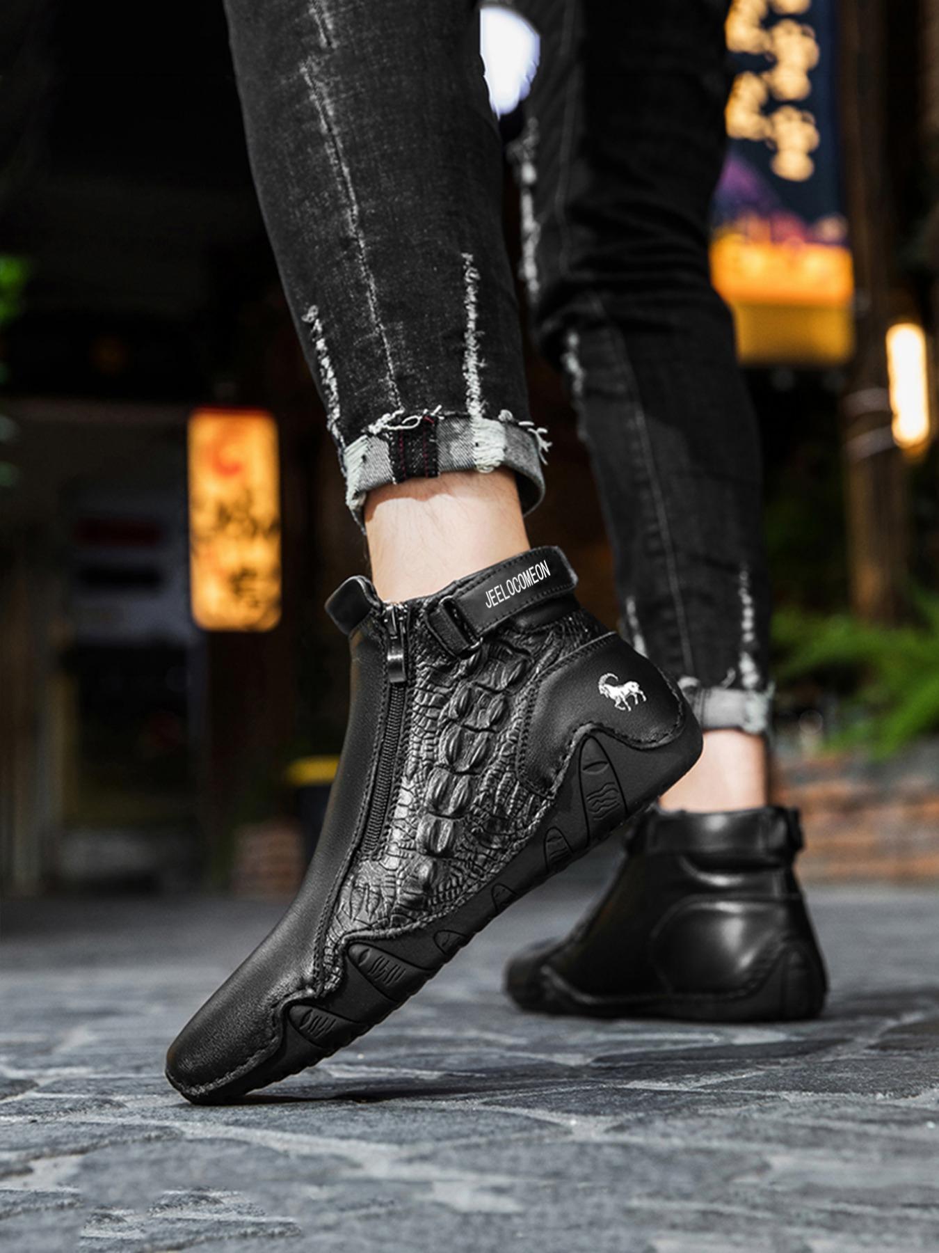Men's Fashion Ankle Boots, Fashionable Boots, Animal Print, Side Zipper Design, Casual Comfortable Outdoor Shoes, All Season Wear, Trendy and Versatile