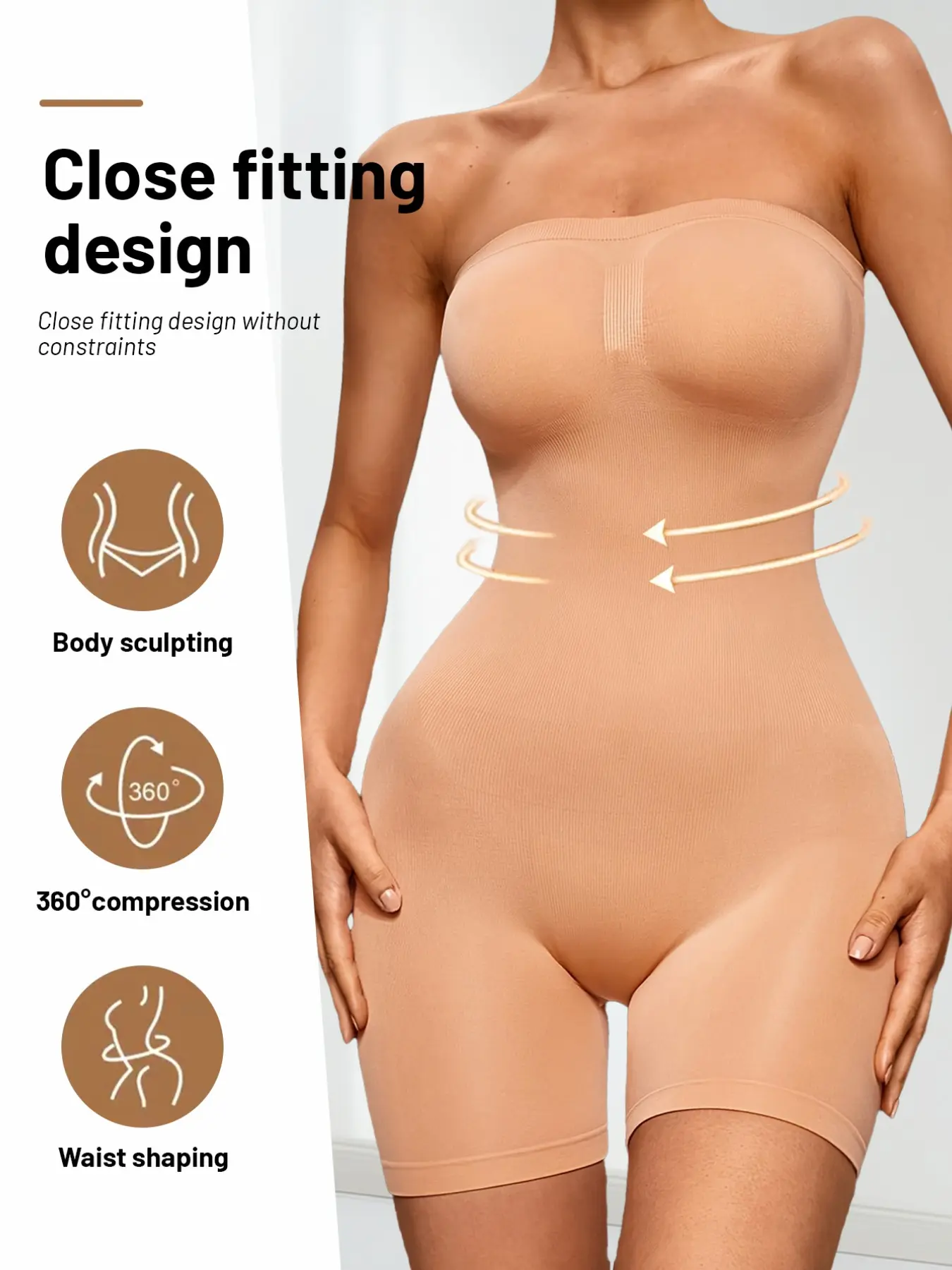 Strapless Tube Top Ribbed Mid Thigh Body Shaper, 360 Degree Compression Tummy Control Waist Cincher Bust Support Bodysuit, Butt Lifting Thigh Slimming Shapewear Under Dresses Gowns
