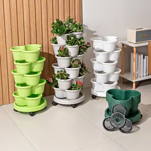 6-Piece Stackable Planter Set, 5-Tier Vertical Planting Tower with Wheeled Tray for Strawberries, Herbs and Flowers