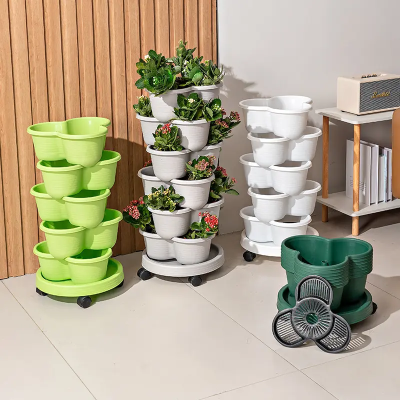 6-Piece Stackable Planter Set, 5-Tier Vertical Planting Tower with Wheeled Tray for Strawberries, Herbs and Flowers