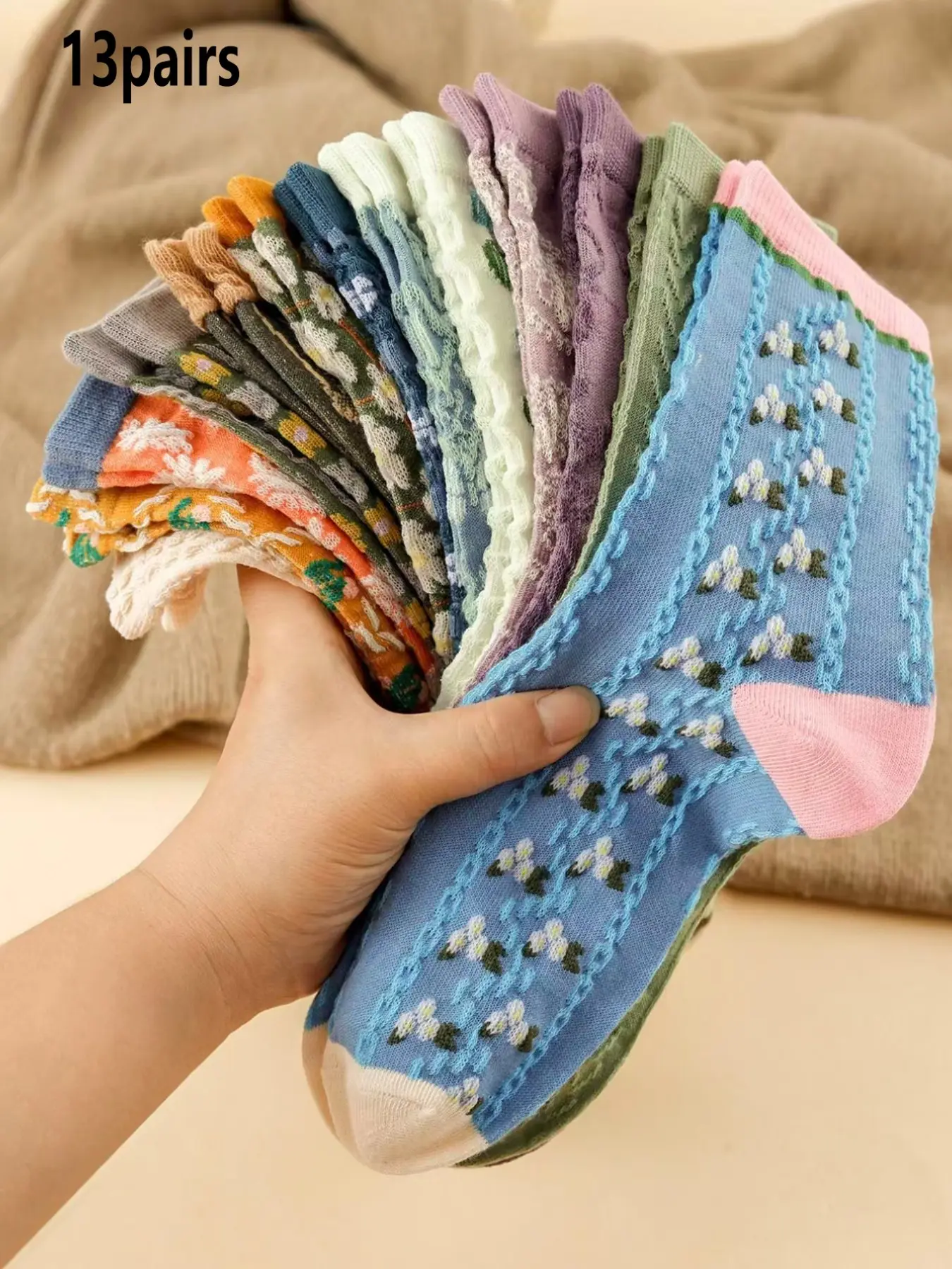 13 Pairs Women's Vintage Floral Heart Pattern Comfortable Breathable Court Style Crew Socks, All Seasons Casual Thigh High Socks