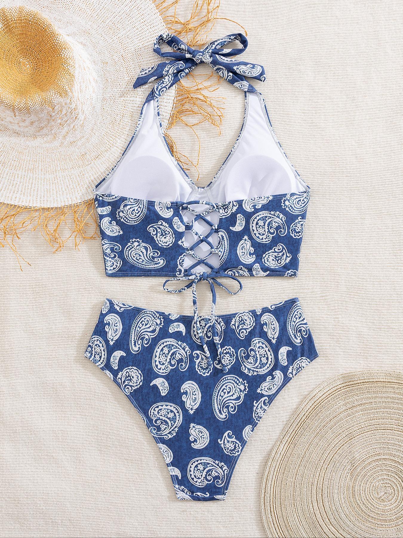 Two-piece Set Women's Butterfly & Floral Print Lace Up Bikinis Set, Casual Halter Neck Backless Swim Top & High Waist Swim Panty, Ladies Summer Swimwear for Beach, Swimsuits Women, Swimsuit Style, High Waisted Swimsuit, Bikini Sets