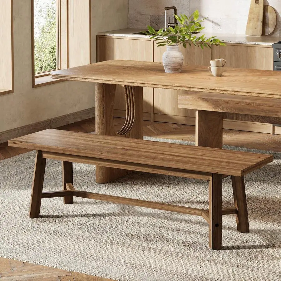 55.12-Inch Rectangular Solid Wood Dining Bench, Farmhouse Rustic Brown Kitchen Bench with Strengthened Legged Base & Multiple Seats, for Dining Room, Kitchen