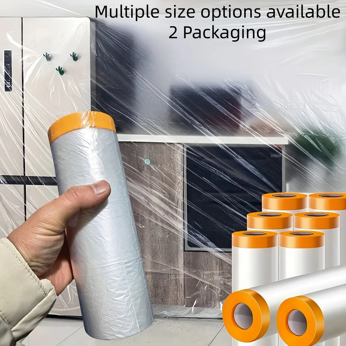Waterproof PVC paint tape -2 rolls, multiple sizes, adjustable height, foldable, with detachable cover, multi size pre adhesive film roll, suitable for car painting and home decoration, Painter Tape