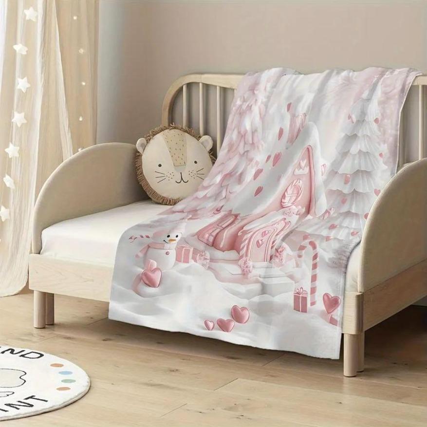 Cozy Pink Christmas Gingerbread House Reversible Flannel Fleece Throw Blanket - Cartoon Snowman Tree Pattern, All-Season Polyester Digital Print, Ideal For Bed/Couch, Decorative Giftable Cartoon Pattern Blanket, Decorative Giftable Blankets