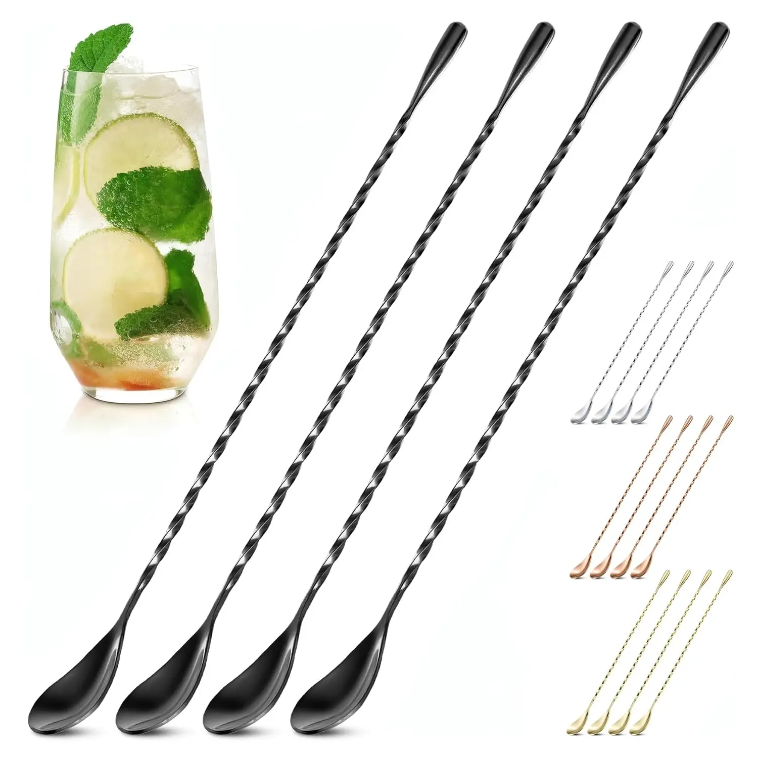 4 Pcs Black Bar Spoons Cocktail Mixing Spoon Set – 12 Inches Stainless Steel Stirring Spoons with Twisted Spiral Handle – Ideal for Cocktails, Iced Tea, Iced Latte |   Home & Coffee Bar Sugar Spoon
