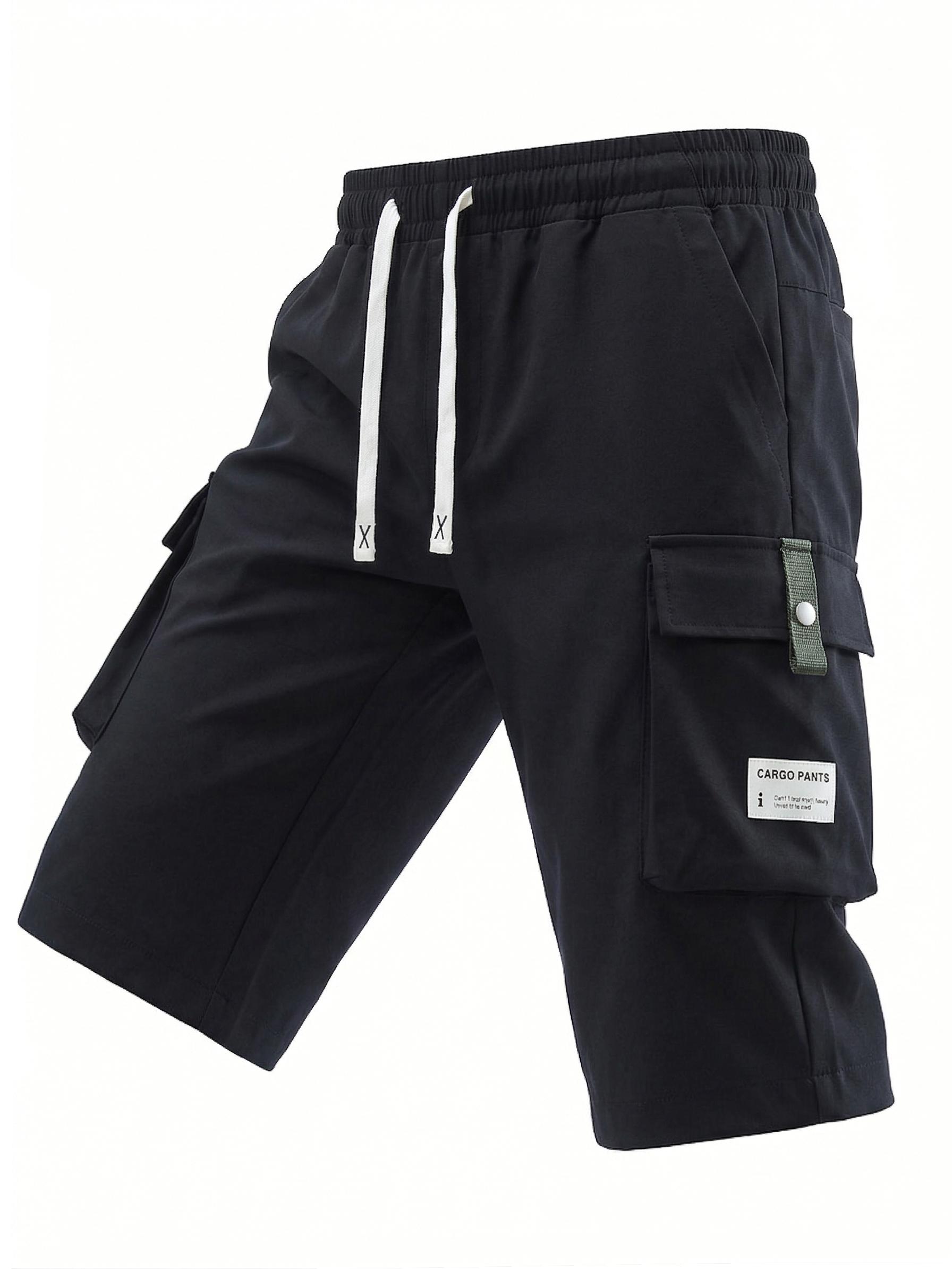 3 Pack Men’s Cargo Shorts, 7/8 Length, Summer Drawstring Waist, Large Pockets, Letter Patch Details, Fashionable Casual Athletic Shorts 3 Pack Men’s Cargo Shorts, 7/8 Length, Summer Drawstring Waist, Large Pockets, Letter Patch Details, Fashionable Casual Athletic Shorts