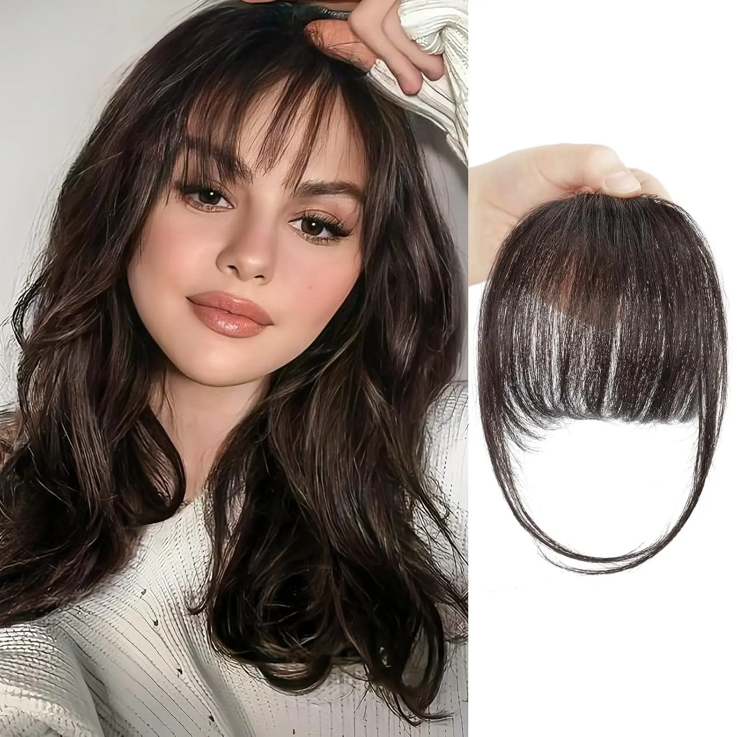 Women's 2 Clip-In Wispy Bangs - Real Human Hair Fringe with Temples, Curtain Bangs Hair Styling Accessories for Daily Wear (Dark Brown)