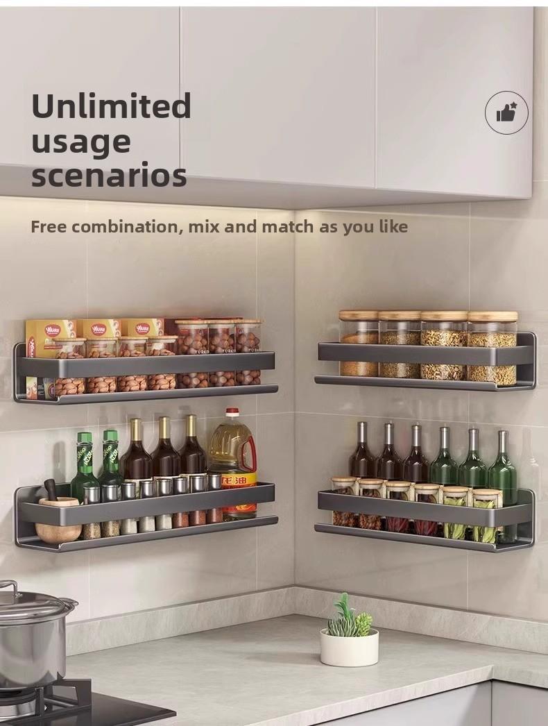 Kitchen storage rack, seasoning shelf, punch-free wall-mounted multifunctional hanging rack for condiments on the wall