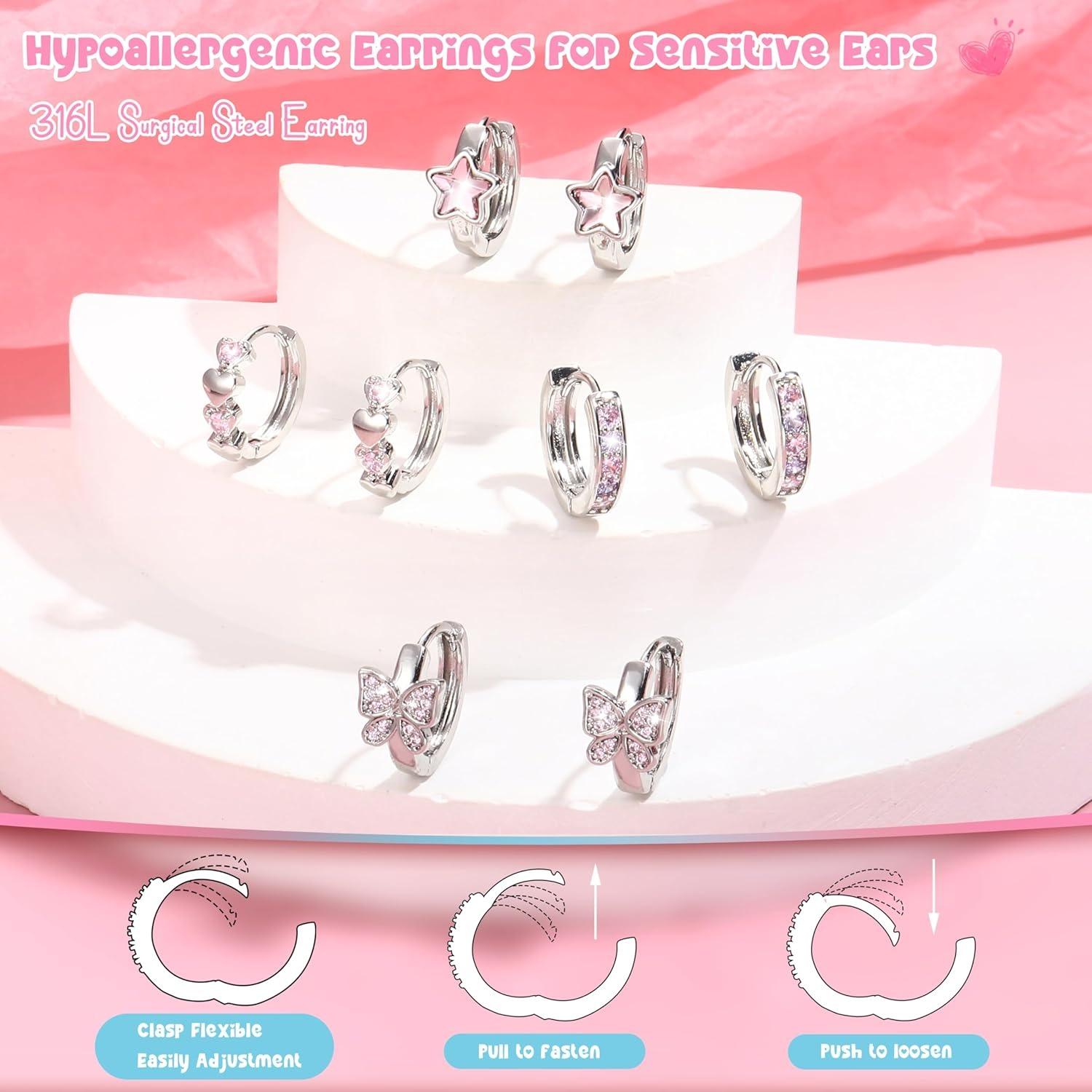 4 Pair Small Silver Hoop Earrings for Women Girls Pink/Blue Heart Star Butterfly Zirconia Hoop Earrings Hypoallergenic Sleeper Huggie Cartilage Earrings Set for Kids