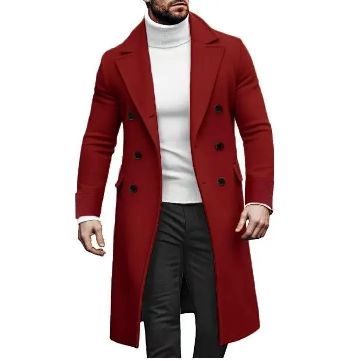 Men's Long Wool Coat Double-Breasted Trench Coat Casual Style Outerwear Classic Menswear Plain Lengthened Prolonged Outerwear in Red