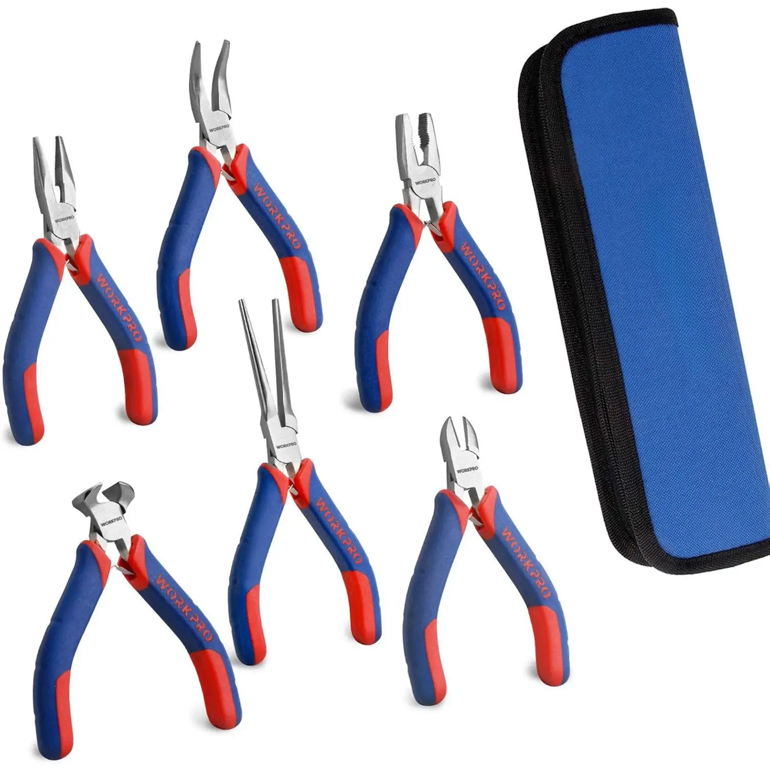 6-Piece 4-in Drop Forged Carbon Steel Mini Pliers Set - Diagonal, Bent, End Cutting, Linesman, Precision, Extended Tip Styles, TPR Grips, Nickel Plating Rust Protection, Pouch, for Beginners’ Craft Making, Circuit Board Repair