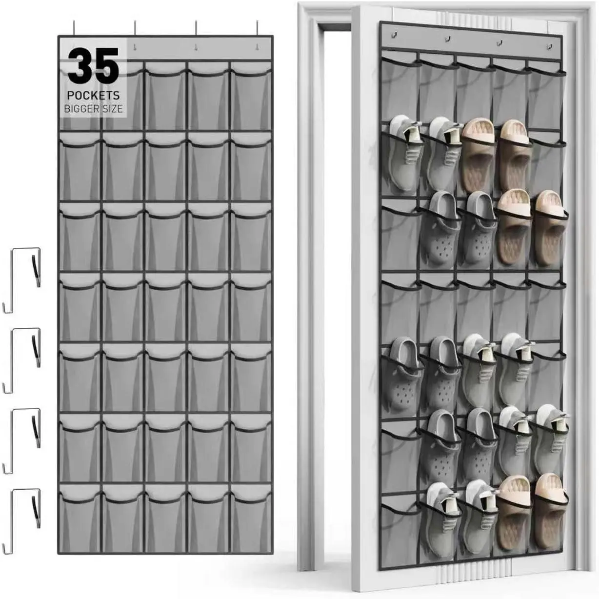 Over the Door Shoe Organizer with 35 Breathable Mesh Pockets,  Shoe Organizer for Door with 4 Metal Hooks, Large Capacity Closet Storage for Shoes, Accessories, Grey