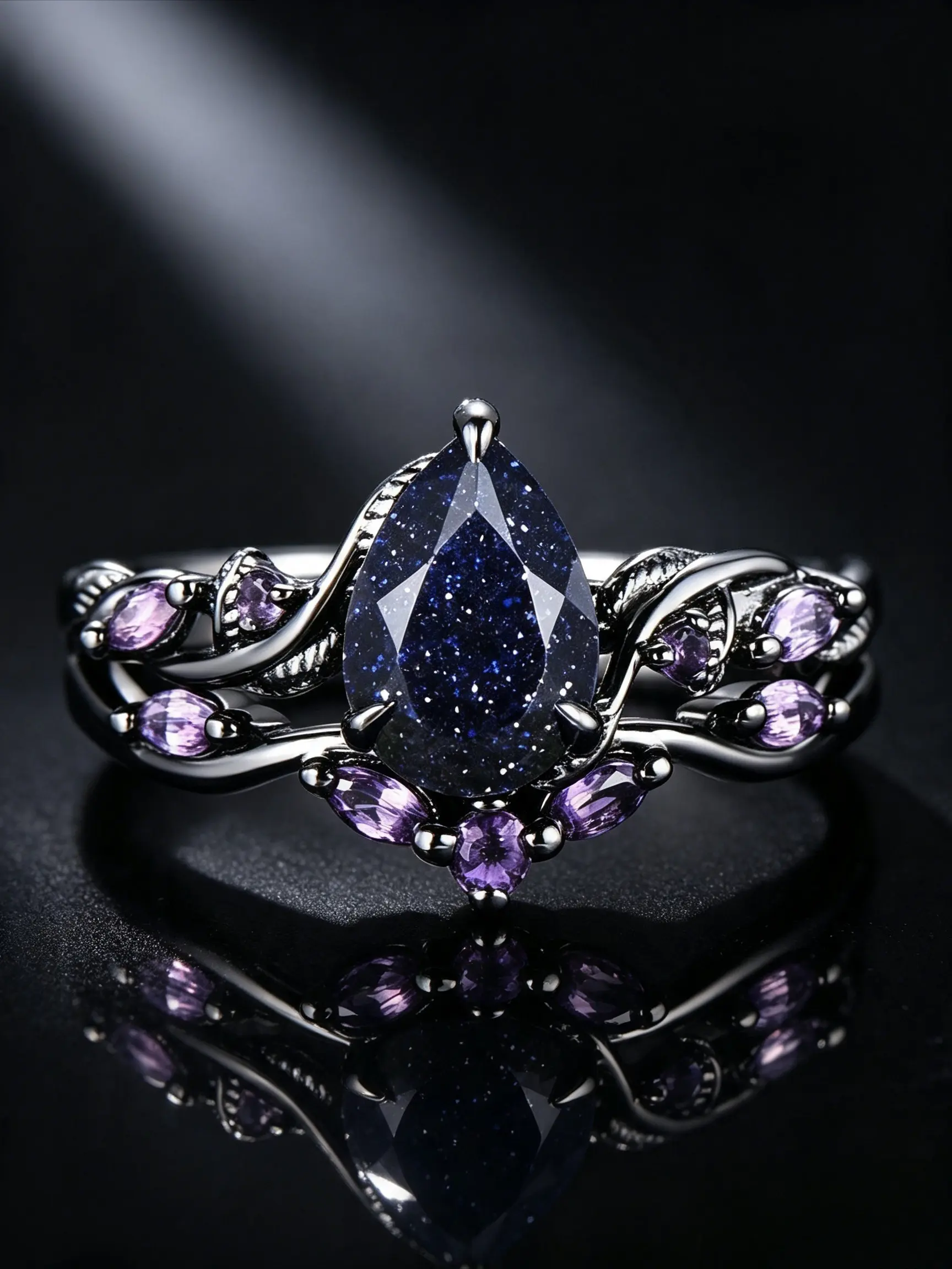 Black Twisted Branch Promise Ring Pear Shape Blue Sandstone Center Stone Paved Multi Cut Amethyst Vintage Gothic Leaf Band Anti Allergy Jewelry For Women Birthday Proposal Wedding Anniversary Valentine Christmas Graduation Gift