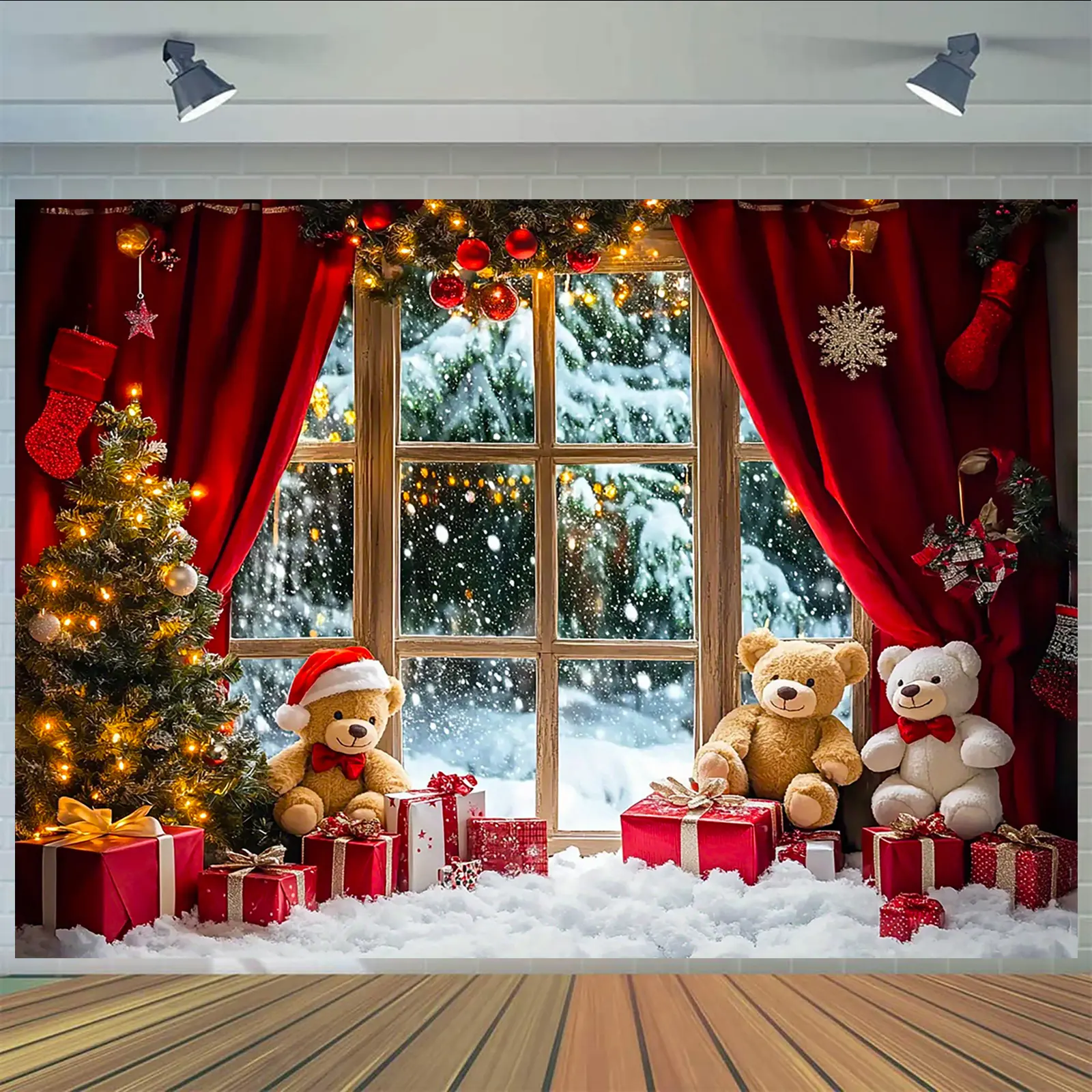Polyester Winter Wonderland Christmas Backdrop Tapestry - Preppy Snowy Tree & Snowman Party Banner, Cozy Holiday Wall Decoration Wall Hanging with Letters & Traceless Nails