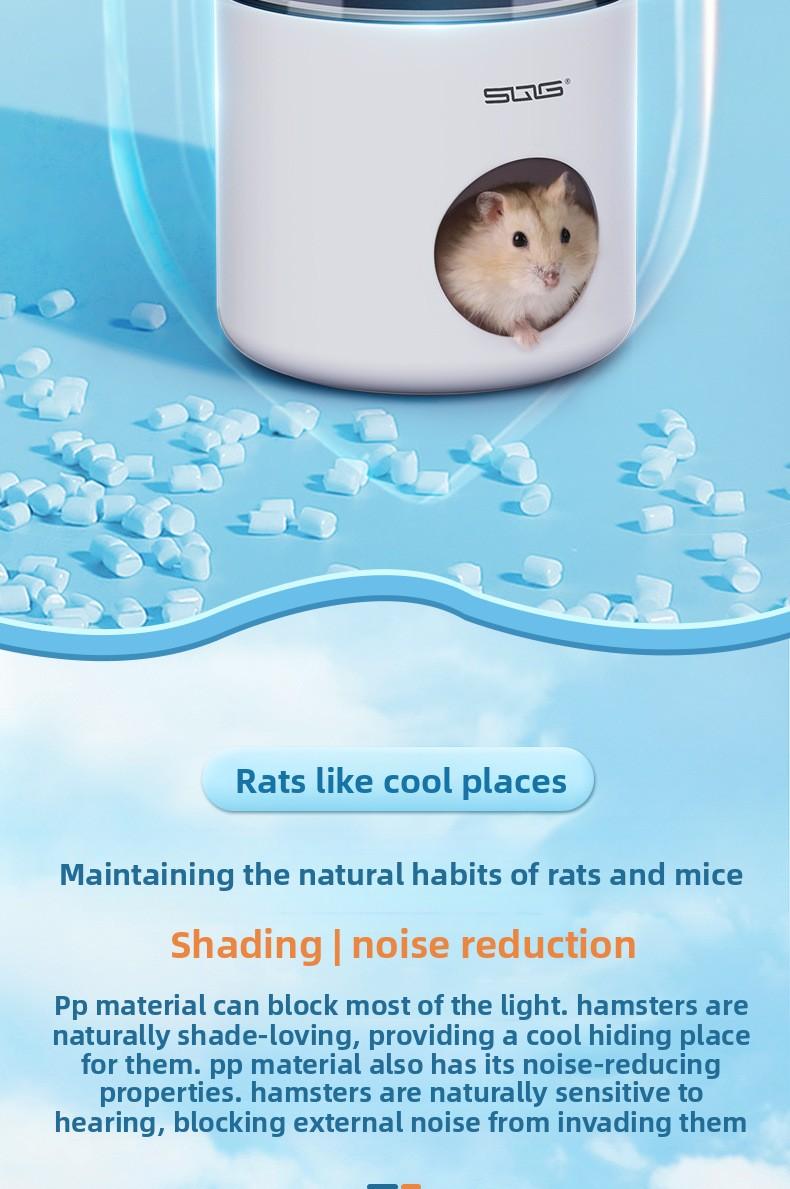 Small Pet Cooling & Hideout Hut, made of PP material, light-blocking, chew-resistant and roomy.Suitable for hamsters, Syrian hamsters, fancy rats, hedgehogs and other small pets.Comes with 2 replacement ice packs.