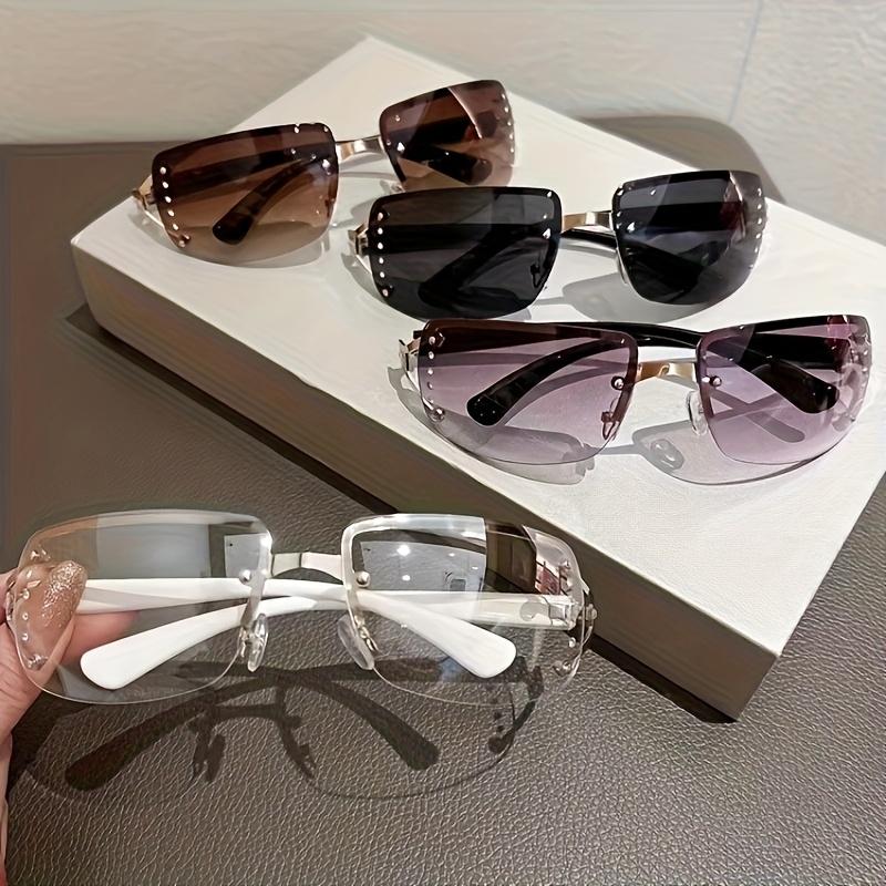 Women's Y2K Cyberpunk Frameless Glasses, Metallic Accents with Decorative Lenses, Lightweight Fashion Eyewear for Bold Style and Modern Aesthetics Trendy Square Cat Eye Sunglasses Oversized Aviator nighttime yellow tint Rectangle Sunglasses cute