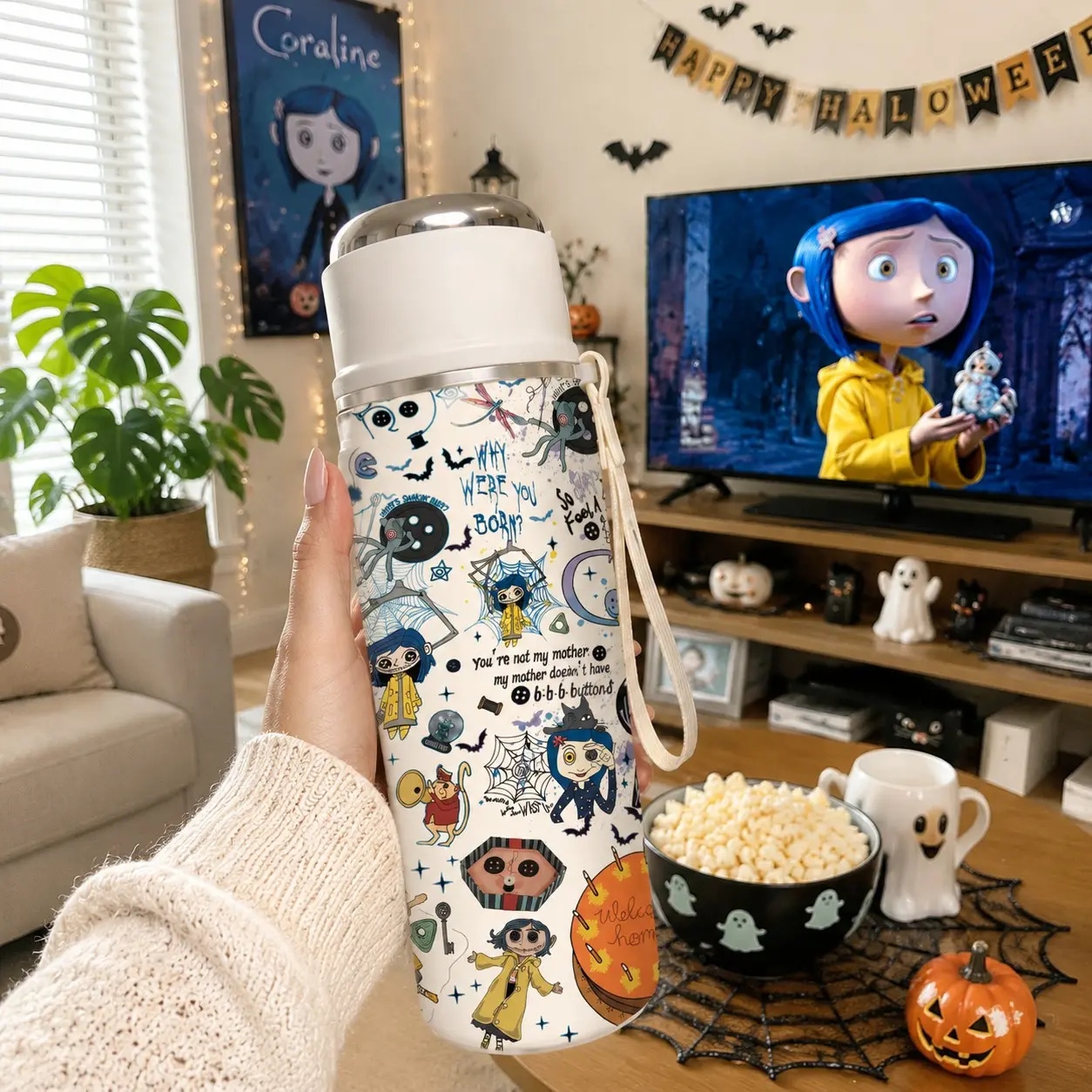 1 Pc 20oz Halloween Coraline Inspired Insulated Tumbler, Double Wall Stainless Steel Travel Mug, Leak-Proof Lid, Keeps Drinks Cold 24hrs Hot 12hrs, Spooky Ghost Bat Design Cup, Portable Water Bottle for Party, Camping, Travel, Daily Use, Halloween Gift