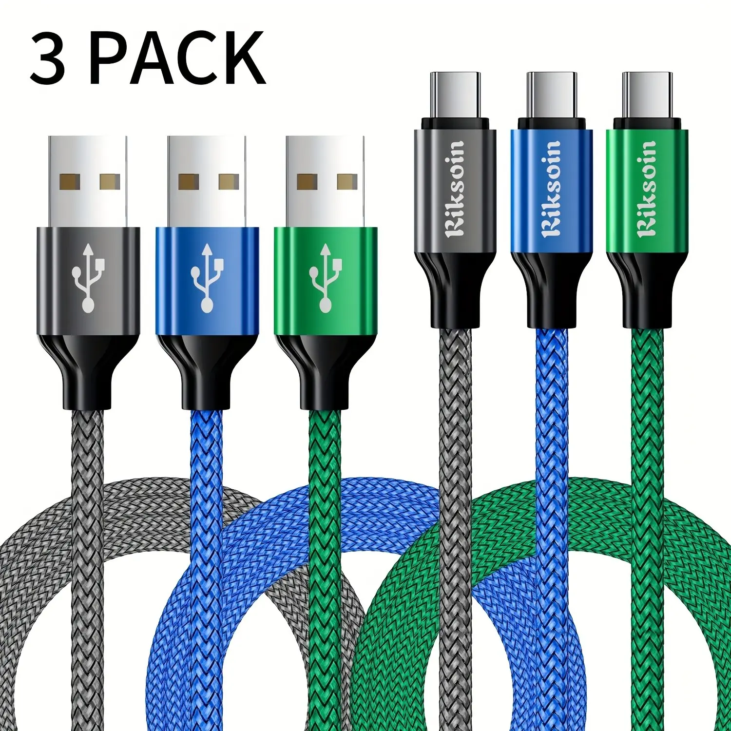 USB A to Type C Cable 3-Pack, Nylon Braided Cord, Data Cables, Charging Type C Charger Cord for iPhone 17 16 15 Pro Max Plus Air, Samsung Galaxy S25 S24 S23 A56 A17 A16, Gray/Blue/Green-3FT/6FT/9FT, Data Charging Cable