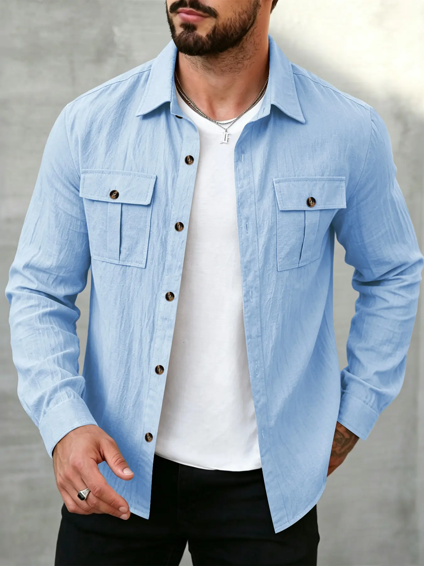 Men's Lightweight Textured Woven Long Sleeve Work Shirt, Front Button Closure, Dual Chest Pockets, Casual Daily Wear