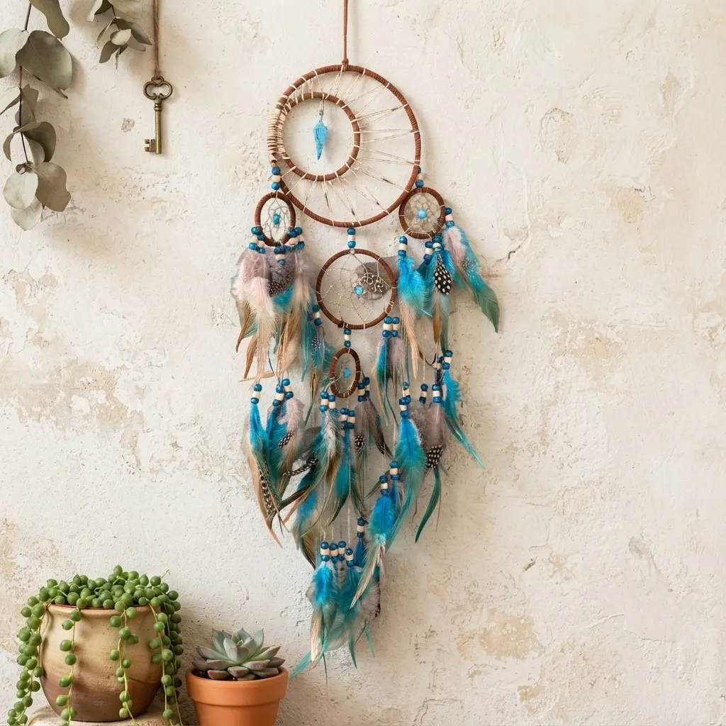 Boho Dreamcatcher with Turquoise Feather Hanging Ornament, Large Dream Catcher Handmade Wall Decor for Bedroom Study Room Garden Couryard Unique Bless Gift Bohemian Vintage Ethnic Indian Style Wall Decoration Pendant Blue Circular Net