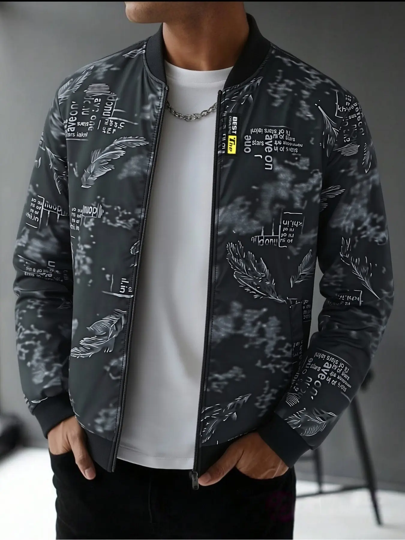 Men's windproof feather-print bomber jacket, wind-resistant men's zip-up college-style coat, lightweight windproof streetwear multi functional outerwear with functional pockets, versatile daily casual windproof jacket for men suitable for all seasons