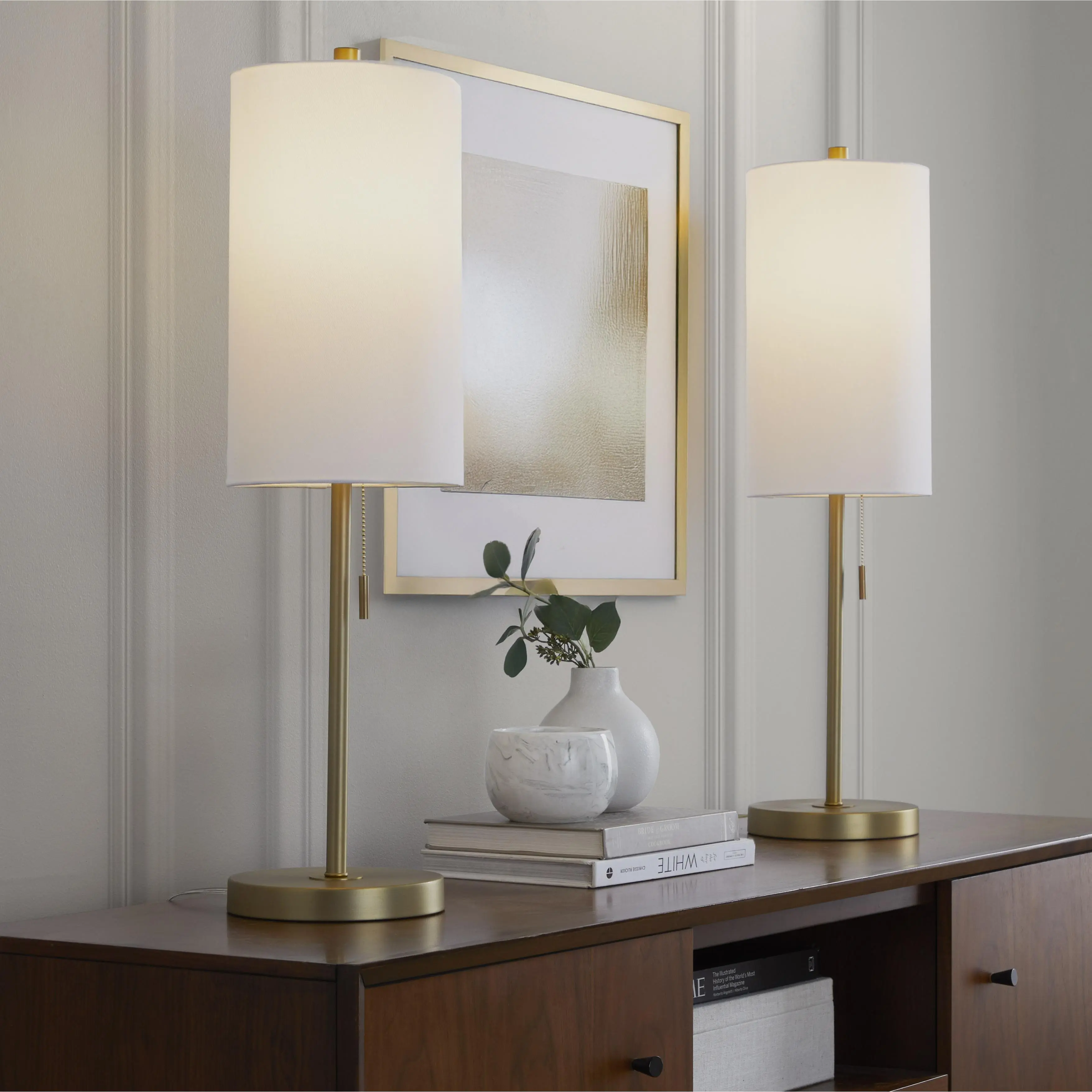 Nokaa Metal Buffet Lamp with USB Port Set of 2, Gold Finish White Linen Shade, Modern Table Lamp for Living Room Bedroom Office, Warm Ambient Lighting, Compact Accent Lamp with USB Charging, 2 Pack, Home Furniture and Household Product Search Terms
