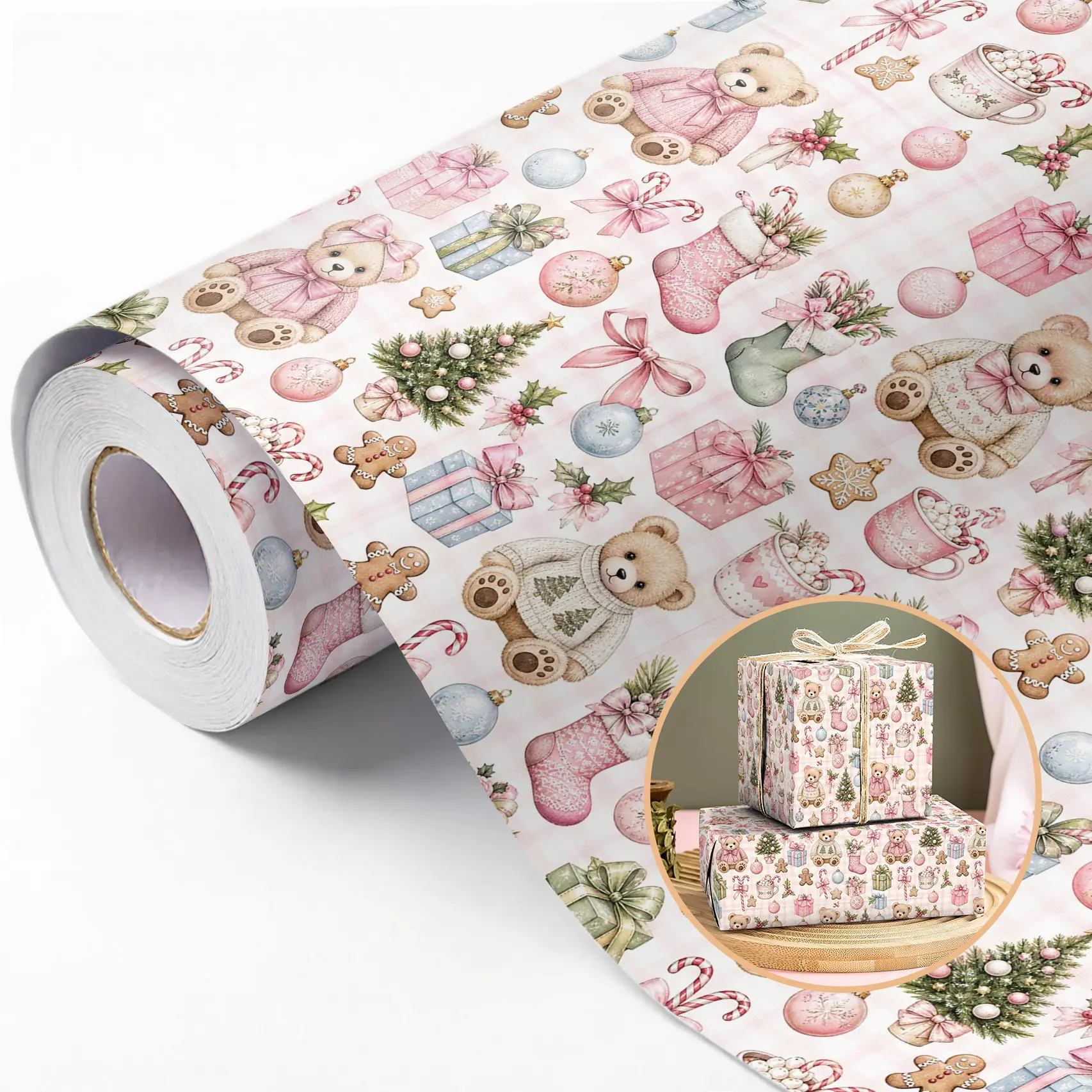 16FT Pink Christmas Wrapping Paper Roll, Vintage Teddy Bear Xmas Gift Wrap, Pastel Gingerbread Man Stocking Candy Cane Design, Watercolor Soft Pink Grid Decorative Paper for Holiday Birthday Gift Packaging, Party DIY Crafts, Gift Wrapping Supplies